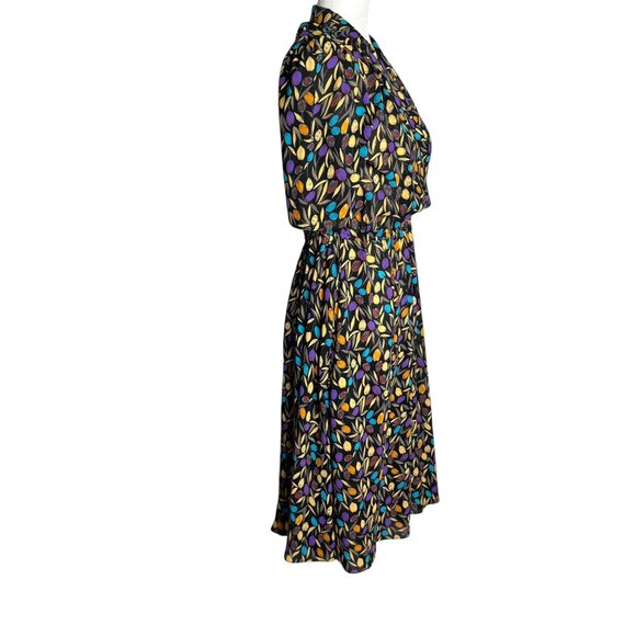 Vintage 80s Stuart Alan Midi Dress Size Medium Black Floral Pockets Short Sleeve - Picture 5 of 6